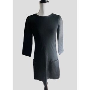 THEORY Black Knit Goat Leather 3/4‎ Sleeve Pocket Shirt Midi Dress Size P (4-6)